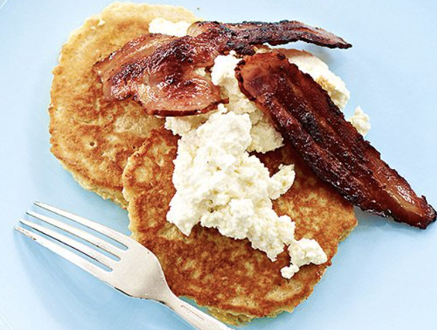 Big Oat Pancakes with Crispy Bacon and Ricotta