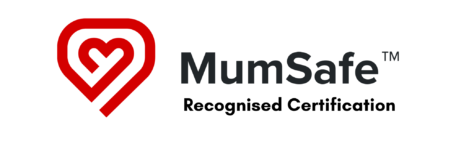 Red heart-shaped geometric icon next to the black text MumSafe Recognised Certification.