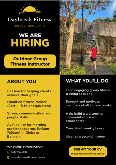 Daybreak Fitness is hiring an outdoor group fitness instructor. Join our outdoor bootcamps! Apply now.