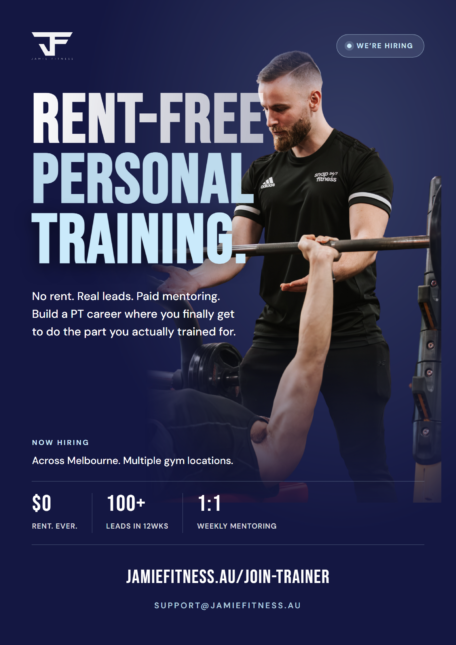 Melbourne personal trainer assisting client with weightlifting. Rent-free PT career opportunity at multiple gym locations. Join Jamie Fitness!