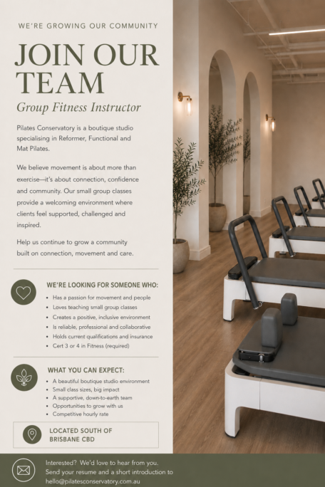 Recruitment flyer for a Pilates Conservatory Group Fitness Instructor position in a boutique studio setting.