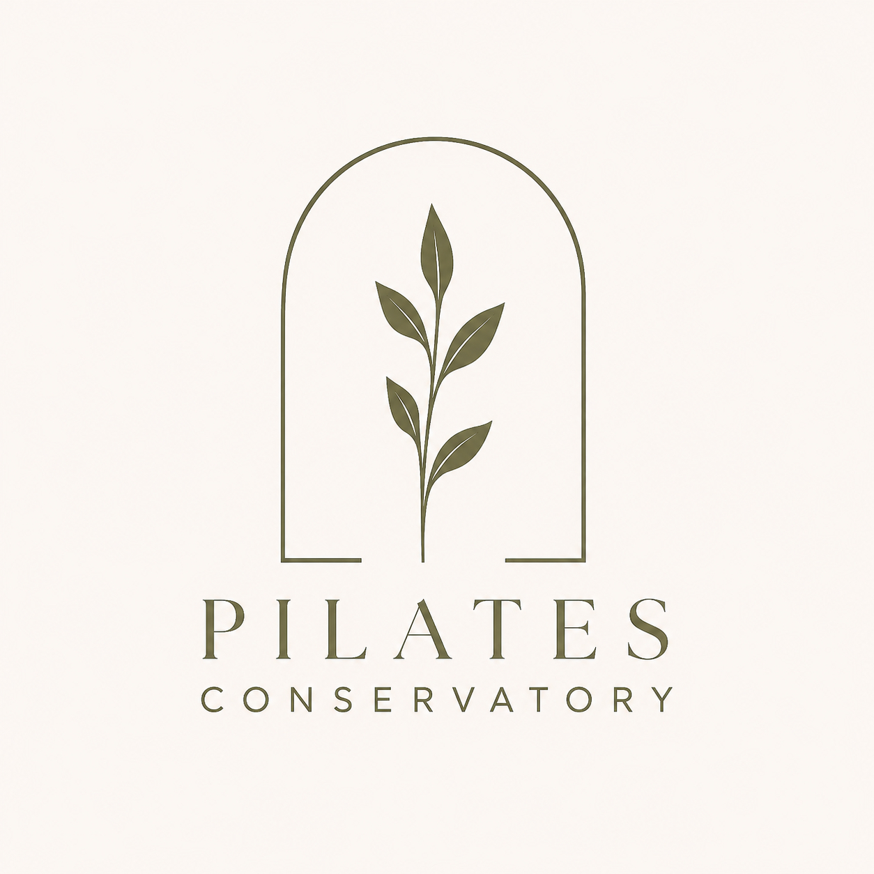 Minimalist logo featuring a green leaf sprig inside an arched line with the text Pilates Conservatory below.