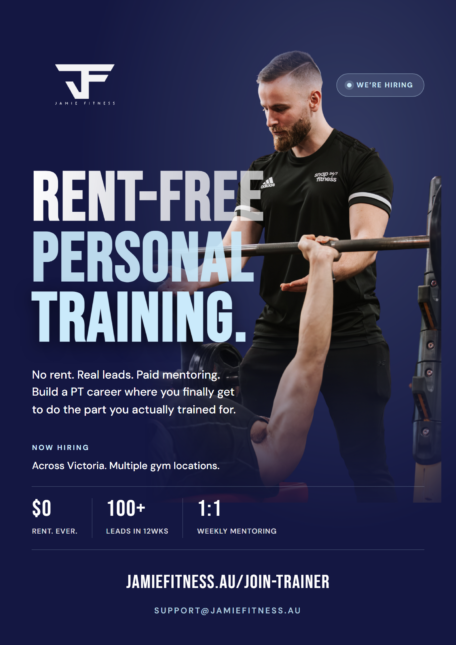 Jamie Fitness flyer advertising rent-free personal training jobs with a trainer spotting a client bench pressing.