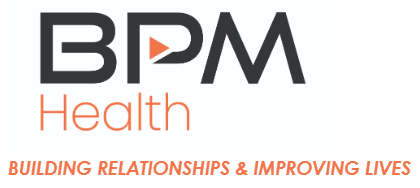 BPM Health branding featuring an orange play triangle inside the letter P above the slogan BUILDING RELATIONSHIPS & IMPROVING LIVES.